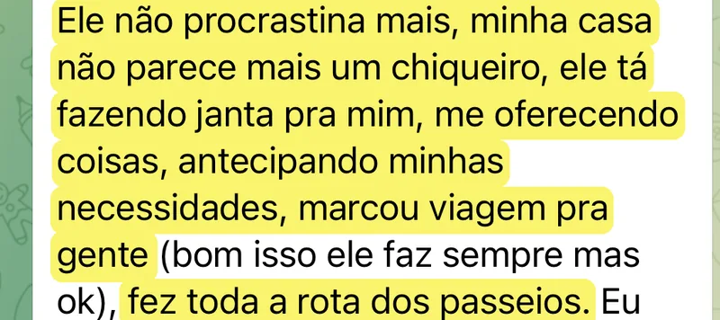 Print de mensagem de aluna: o marido não procrastina mais, faz a janta, oferece coisas, antecipa as necessidades dela e marcou uma viagem.