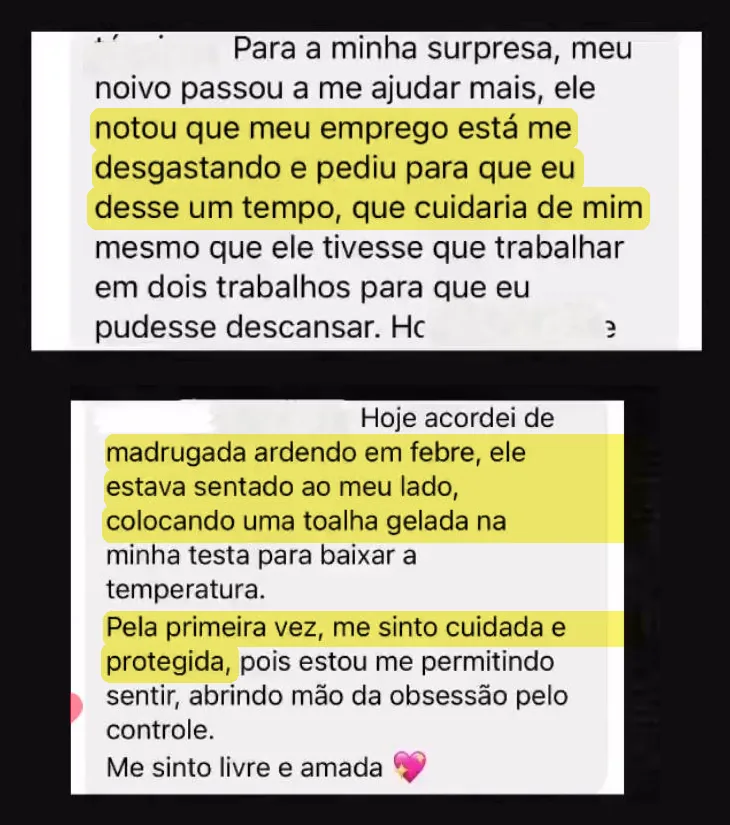 Print de mensagem de aluna: ele notou que o emprego a desgastava, pediu que ela desse um tempo e cuidou dela com febre de madrugada.