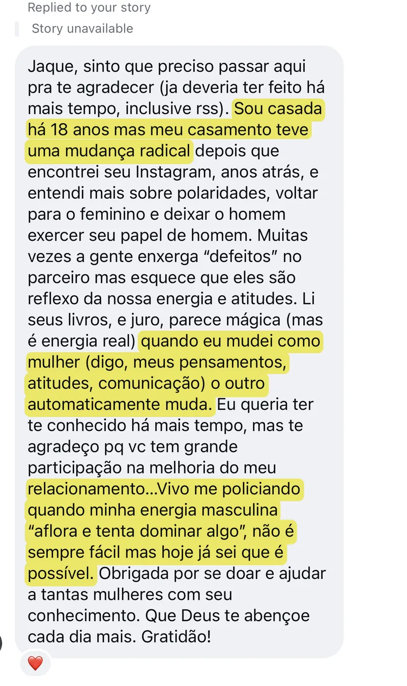 Print de mensagem de aluna: casada há 18 anos, o casamento teve uma mudança radical quando ela mudou como mulher.